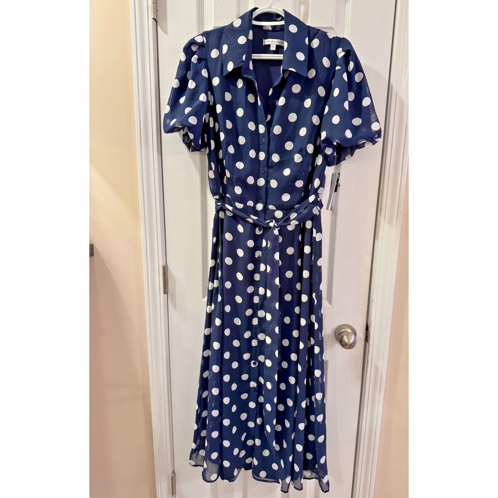 Sandra Darren Polka Dot Shirt Dress Navy Blue Midi Belted Button Front Sz L NWT - Picture 2 of 13